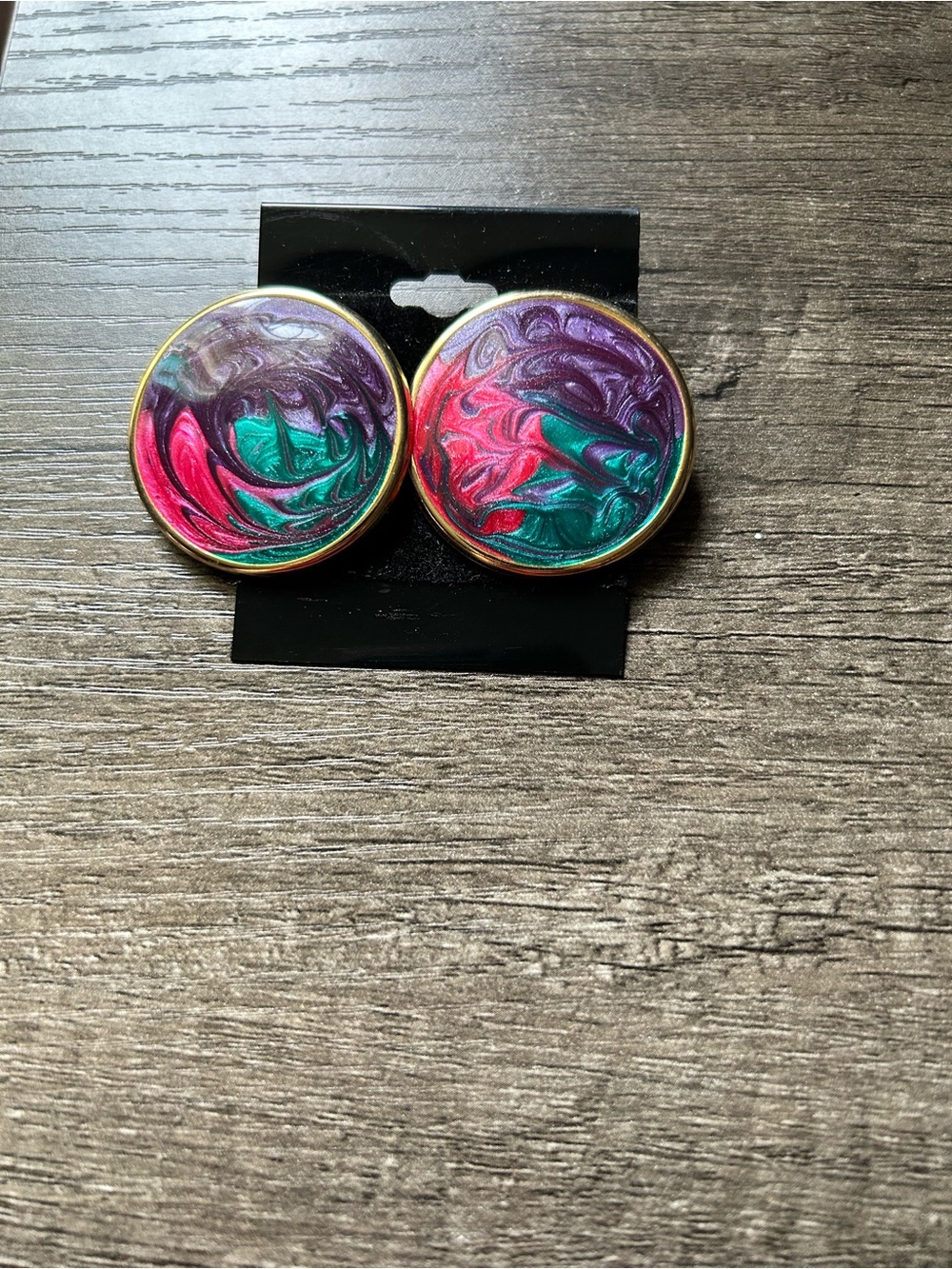 VTG 80s Round Multicolor Swirl Statement Metal Earrings - Purple, Green & Pink